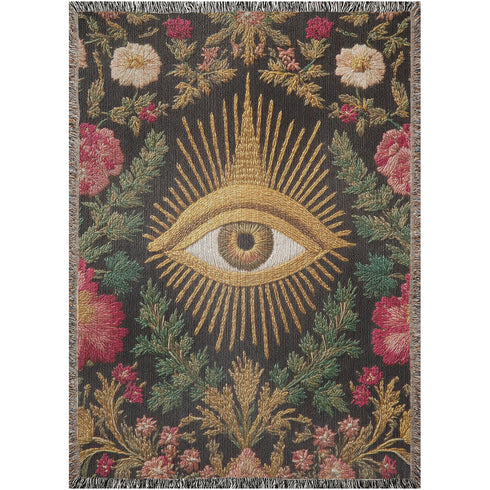 Drape your sanctuary in arcane elegance with our All-Seeing Eye woven cotton blanket. A talismanic piece of gothic botanical decor, this tapestry throw is a testament to woven sorcery, designed for the modern mystic and the discerning scholar of the esoteric.
Behold the celestial gaze of the All-Seeing Eye, rendered in radiant gold and rich earth tones, a timeless symbol of wisdom, intuition, and divine protection. This is not a printed image, but an intricate tapestry jacquard-woven from 100% pure, dyed c